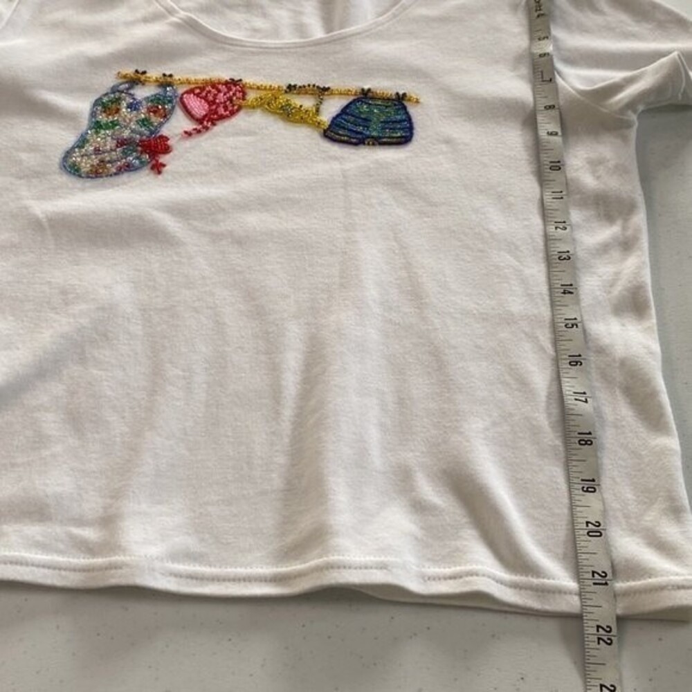 PARADISO Clothes Line Beaded Short Sleeve Cropped Tee Top Cotton Scoop Neck Cute - Picture 7 of 11